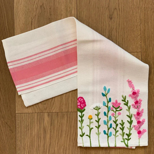 Toalla de Té- Rayas rosada & flores